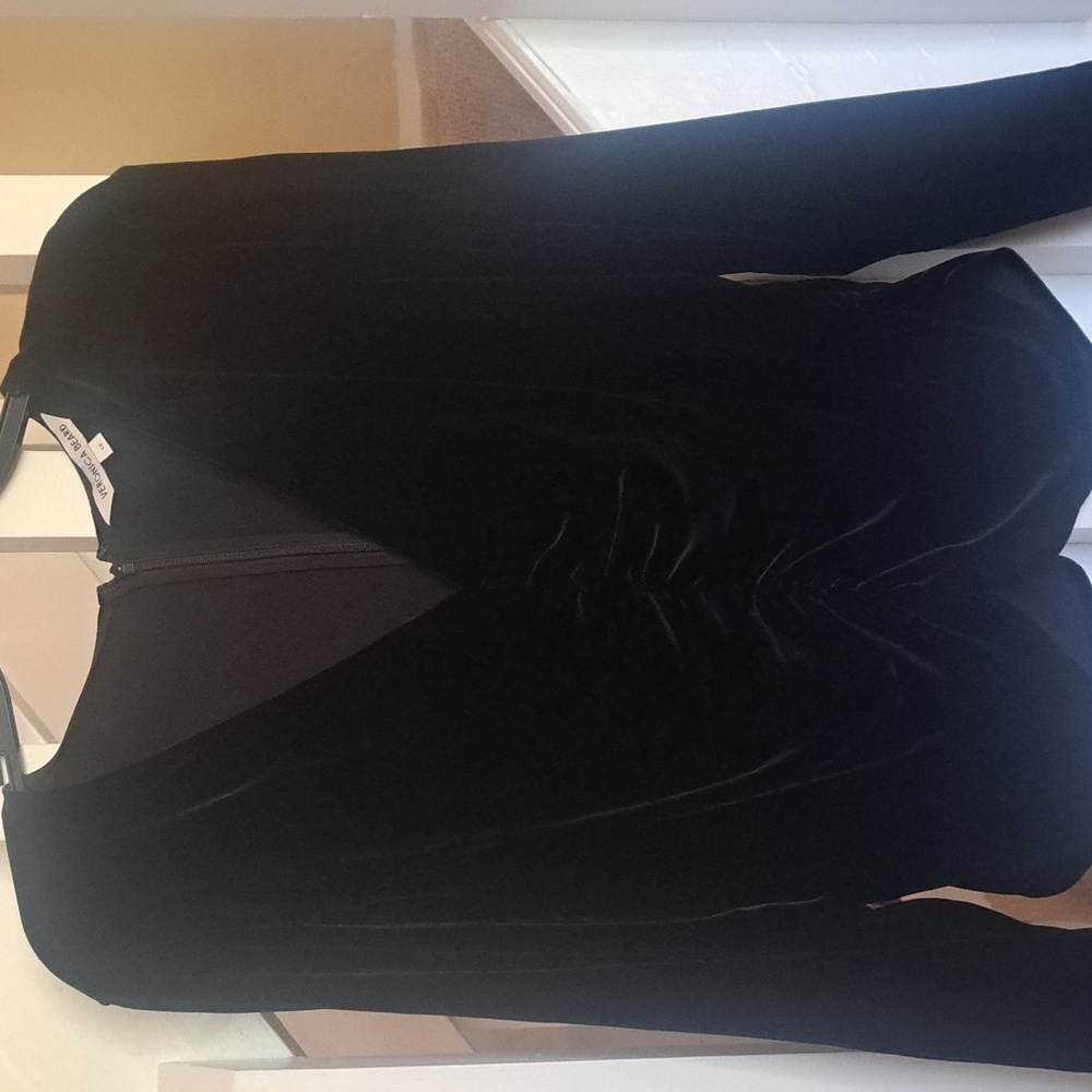Veronica Beard Pelona Black Stretch Velvet Ruched Long Sleeve VNeck Top 12 EUC - Picture 3 of 7